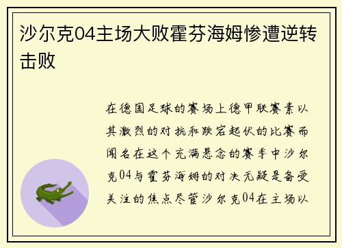 沙尔克04主场大败霍芬海姆惨遭逆转击败