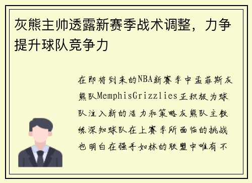 灰熊主帅透露新赛季战术调整，力争提升球队竞争力